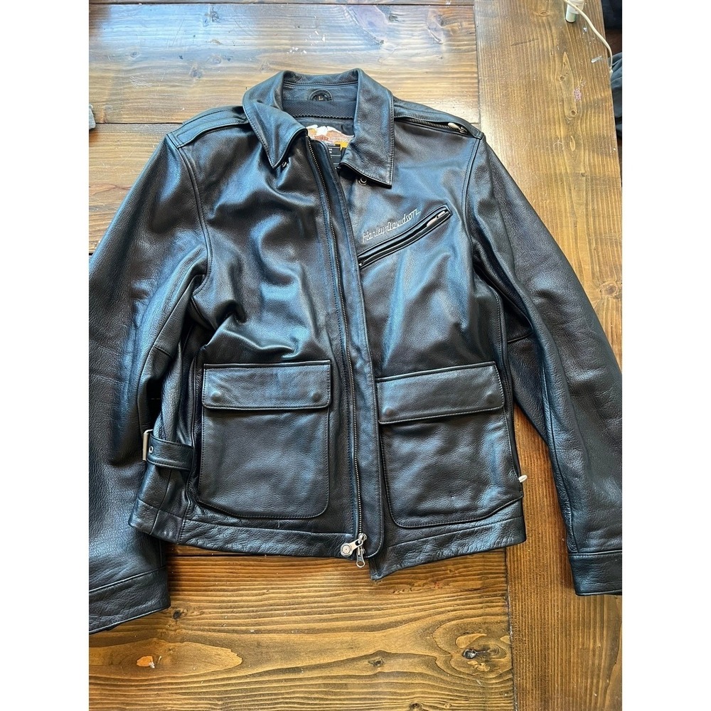 Harley-Davidson Mens Black Leather Motorcycle Jacket L Vented Biker RN103819